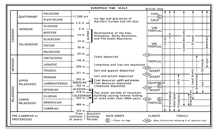 A table showing the geological periods , mountain buildiing, evolution, and climate for the last 543 million years.